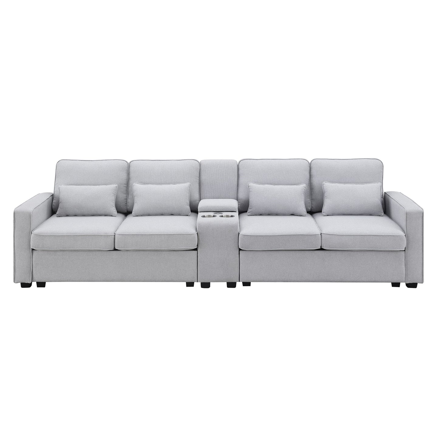Upholstered Sofa With Console, 2 Cupholders And 2 USB Ports Wired Or Wirelessly Charged, Modern Linen Fabric Couches With 4 Pillows (4 Seat) - Light Gray