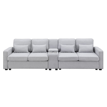 Upholstered Sofa With Console, 2 Cupholders And 2 USB Ports Wired Or Wirelessly Charged, Modern Linen Fabric Couches With 4 Pillows (4 Seat) - Light Gray
