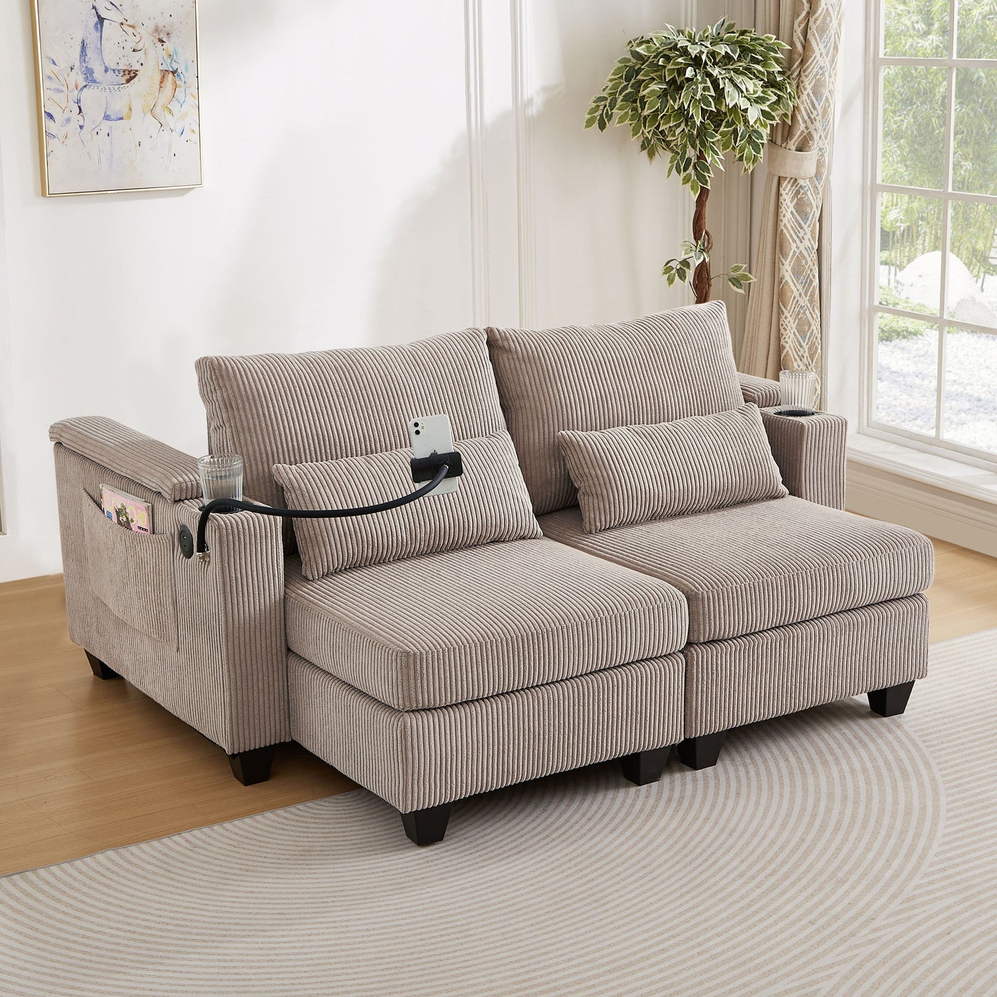 Convertible Chaise Lounge Loveseat Sofa Bed With USB Ports, Cup Holders, Phone Holder, Storage - Brown