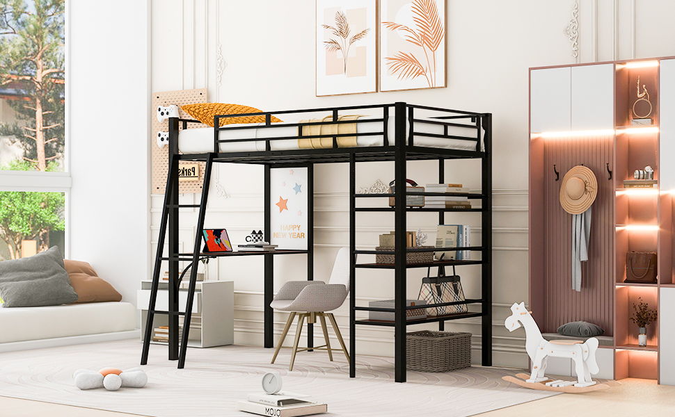 Twin Size Loft Bed With 3 Layers Of Shelves And Desk, Stylish Frame Bed - Black