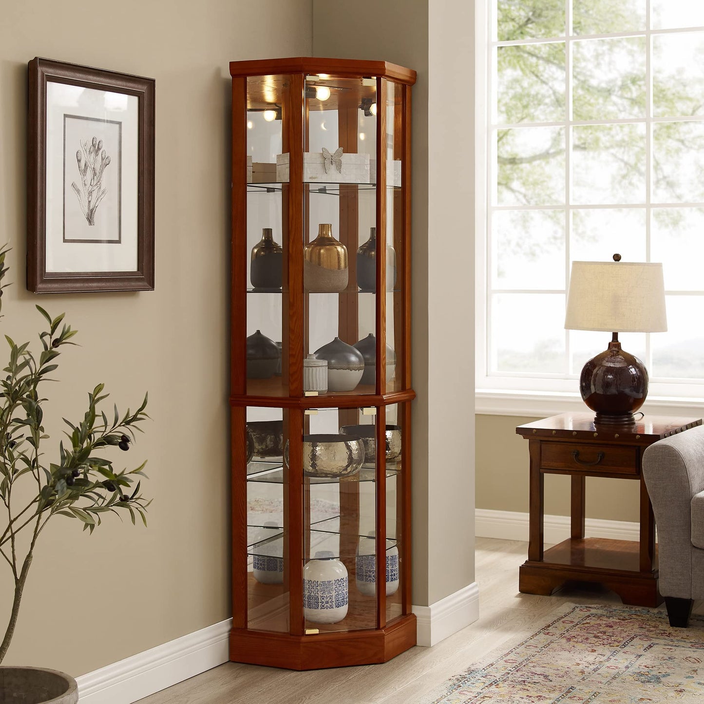 6 Shelf Lighted Corner Curio Cabinet With Adjustable Tempered Glass Shelves And Mirror Back (E26 Light Bulb Not Included) - Oak