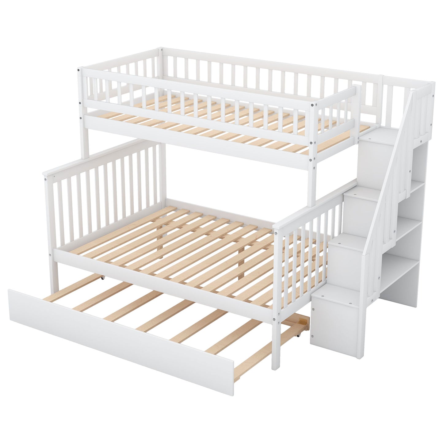 Twin Over Full Bunk Bed With Trundle And Staircase - White