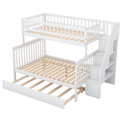 Twin Over Full Bunk Bed With Trundle And Staircase - White
