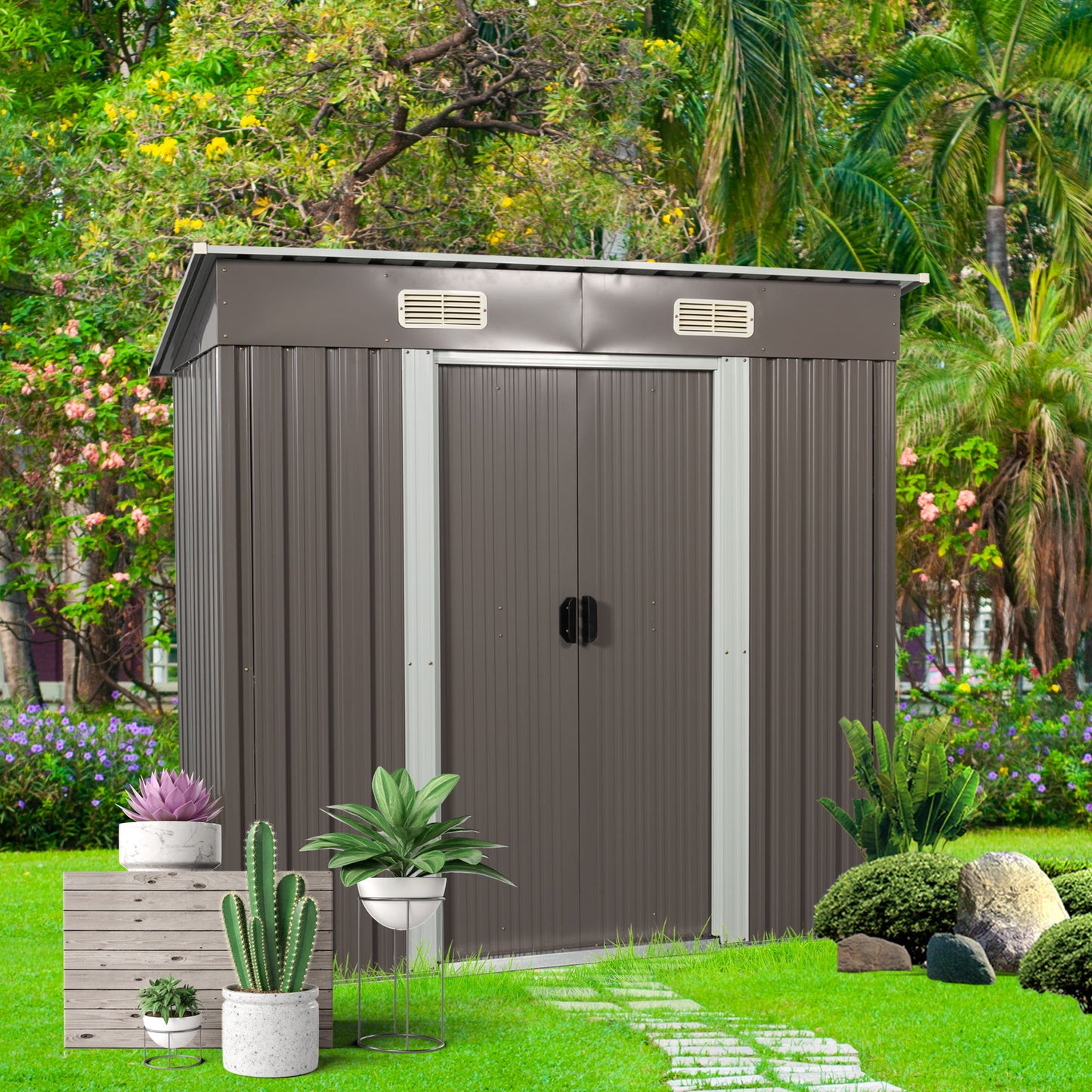 Outdoor Metal Storage Shed - Dark Gray
