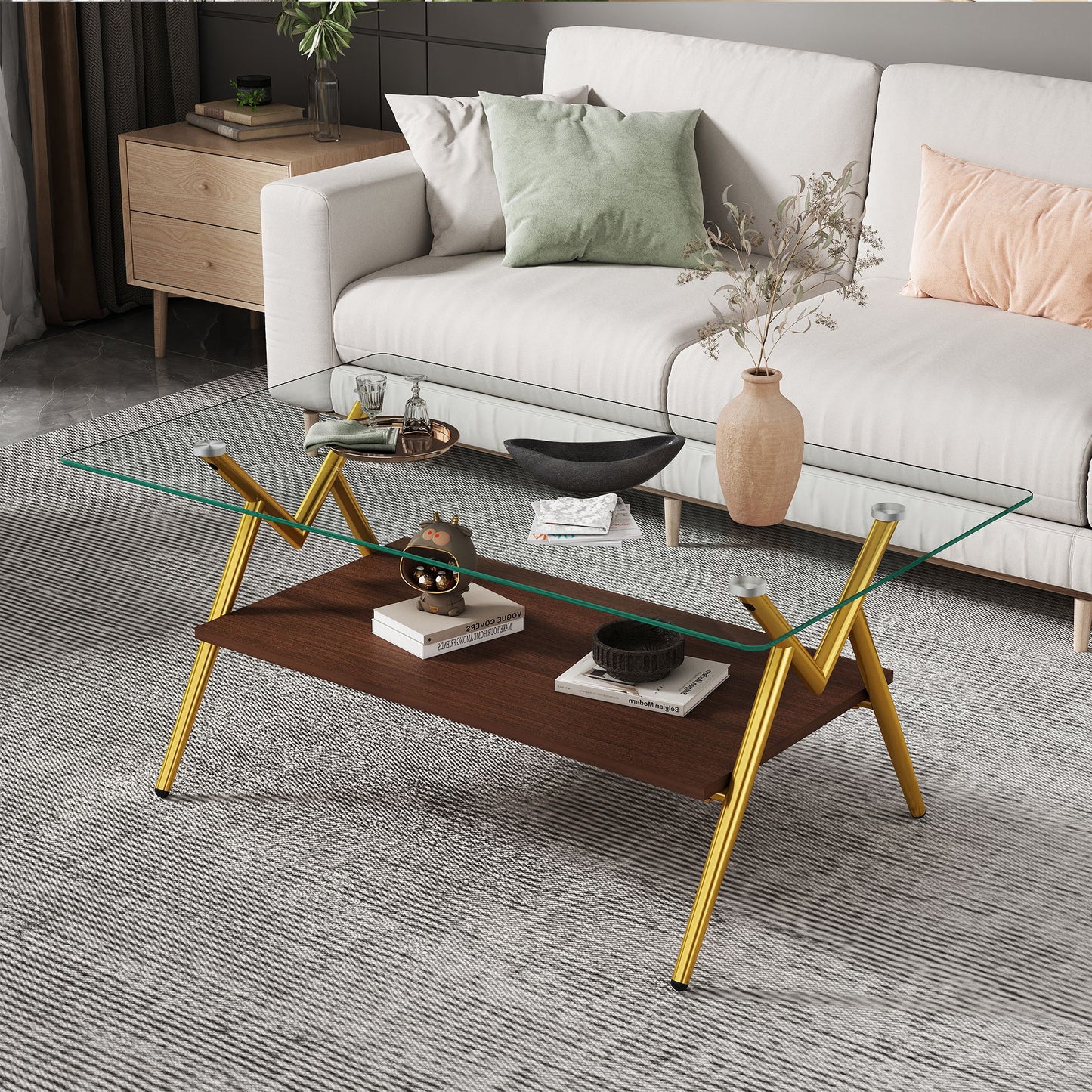 Rectangle Coffee Table With Tempered Glass Top And Golden Metal Legs, Modern Table For Living Room, Transparent Glass - Gold / Dark Brown