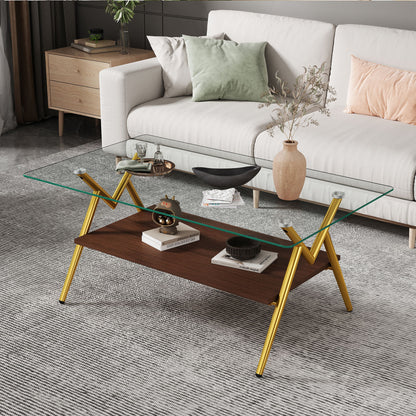 Rectangle Coffee Table With Tempered Glass Top And Golden Metal Legs, Modern Table For Living Room, Transparent Glass - Gold / Dark Brown