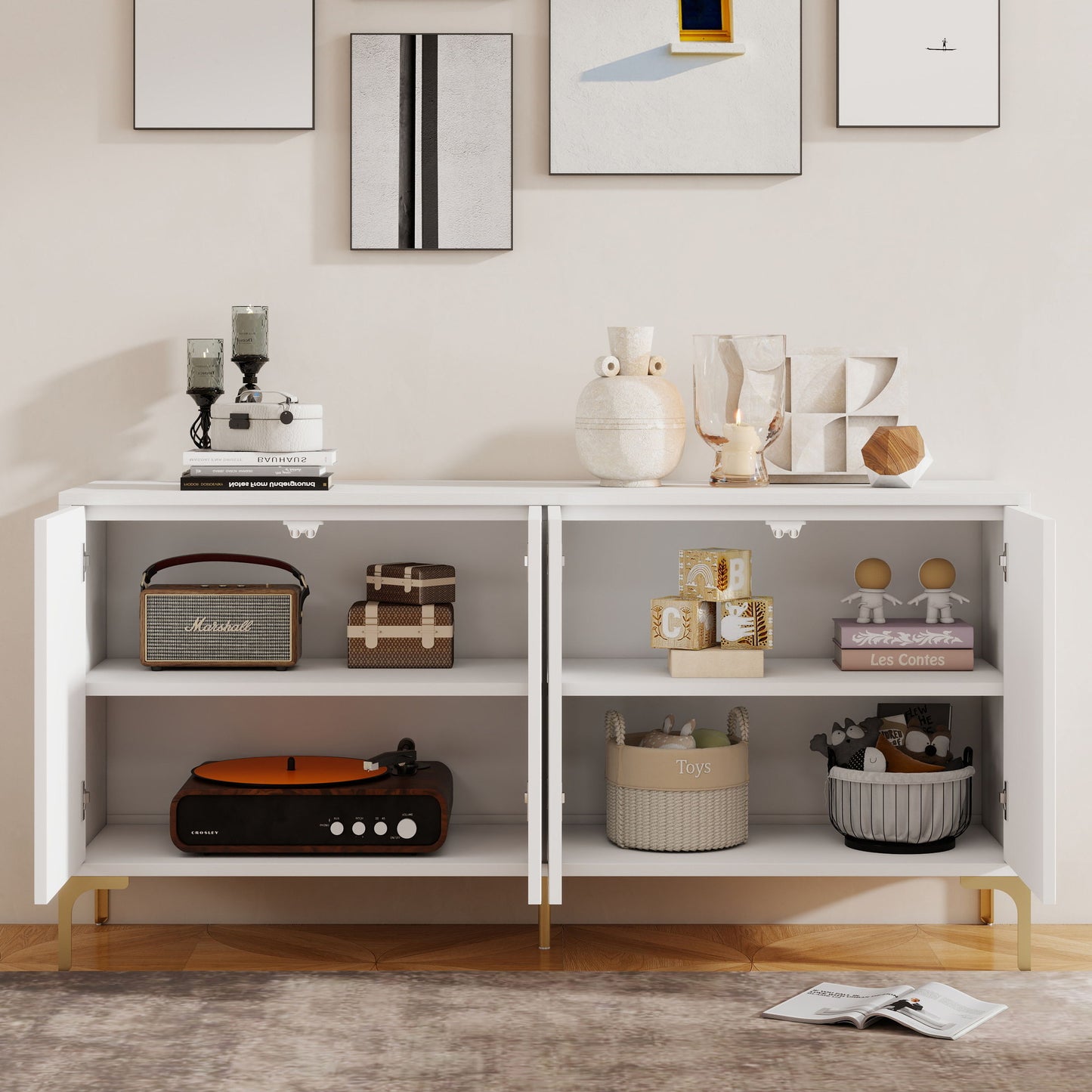 Modern Wood Sideboard Cabinet With Carved Door Panels, Adjustable Shelves, And Sturdy Metal Legs - White
