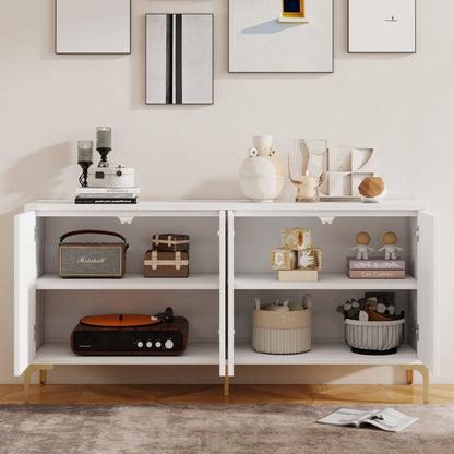 Modern Wood Sideboard Cabinet With Carved Door Panels, Adjustable Shelves, And Sturdy Metal Legs - White