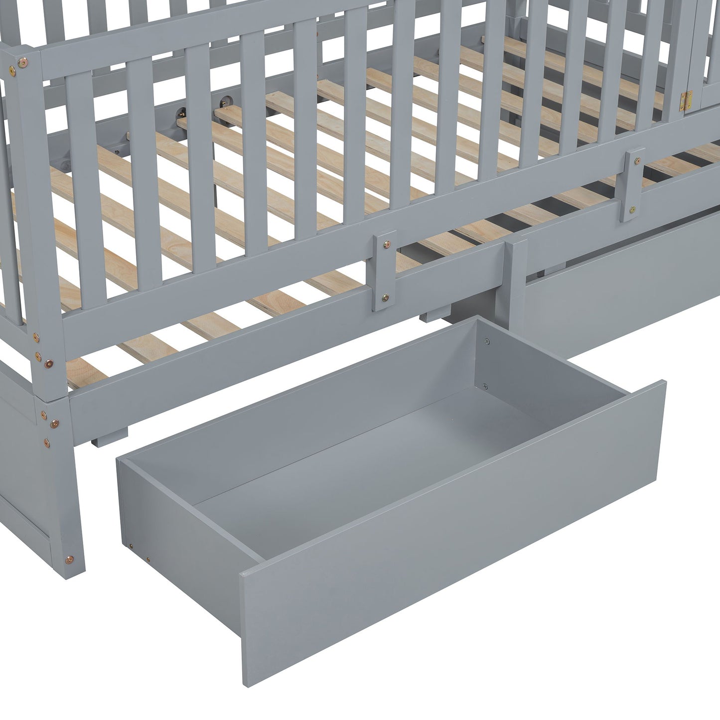 Twin Size Daybed With Fence Guardrails And 2 Drawers, Split Into Independent Floor Bed & Daybed - Gray
