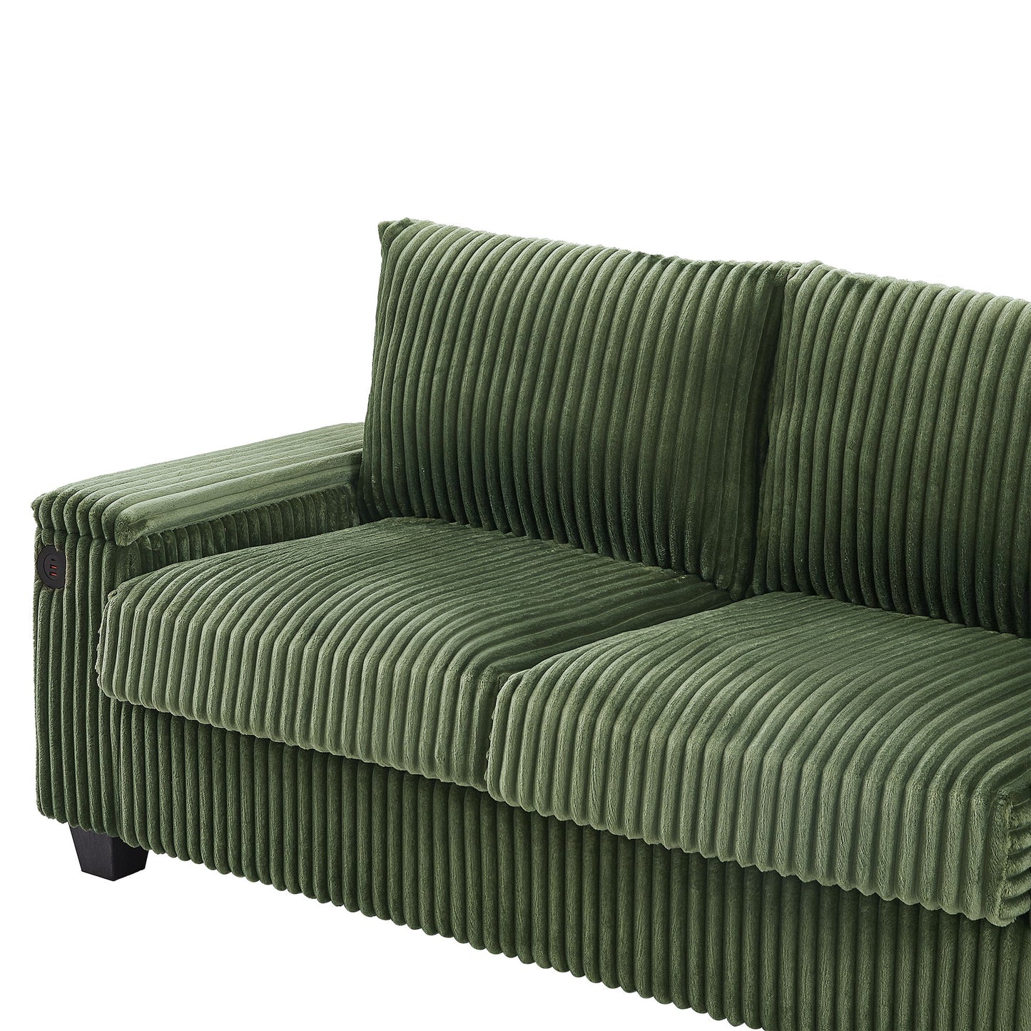 Modern 4 Seater Corduroy Sofa With USB Ports, Hidden Storage Arms, Flip Top Cup Holders - Green