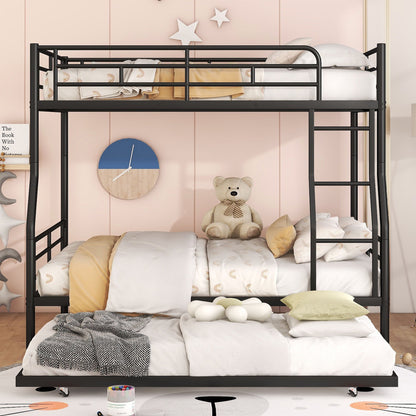 Full Long Over Queen Metal Bunk Bed With Trundle - Black