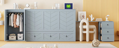 Queen Size Murphy Bed With USB Port, Large Drawer, And Wardrobe / Desk Combo Versatile Cabinet Bed - Gray