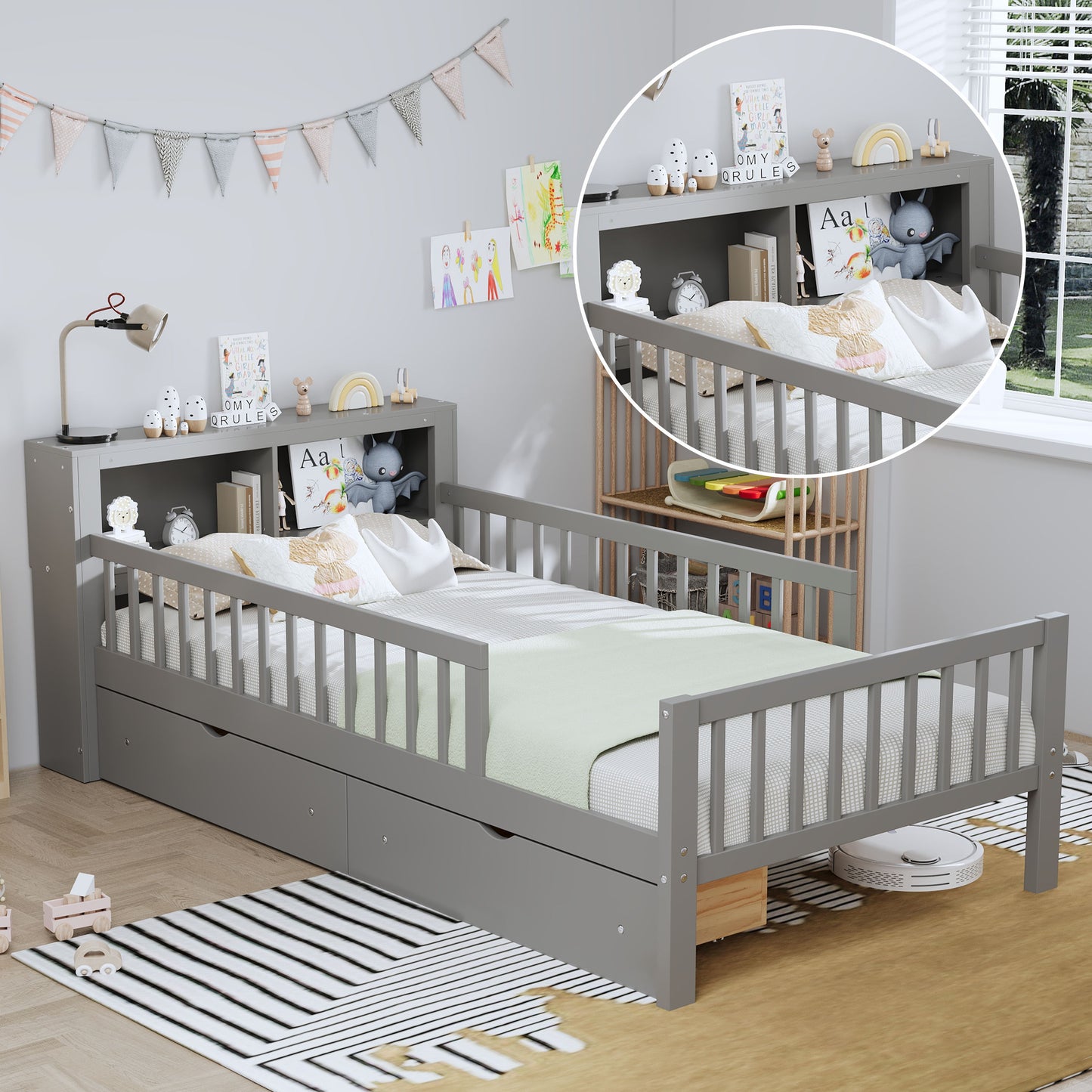 Twin Size Bed With Headboard Storage Rack, 2 Under Bed Drawers, 3 - Side Guardrails For Safety And Security - Gray