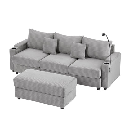 Modern Style 3 - Seater Sofa Sectional Sofa Couch With Storage Space, A Movable Ottoman, Two USB Ports, Two Cup Holders, A Phone Holder For Living Room - Gray