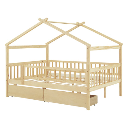 Full Size House Bed With 2 Drawers - Natural