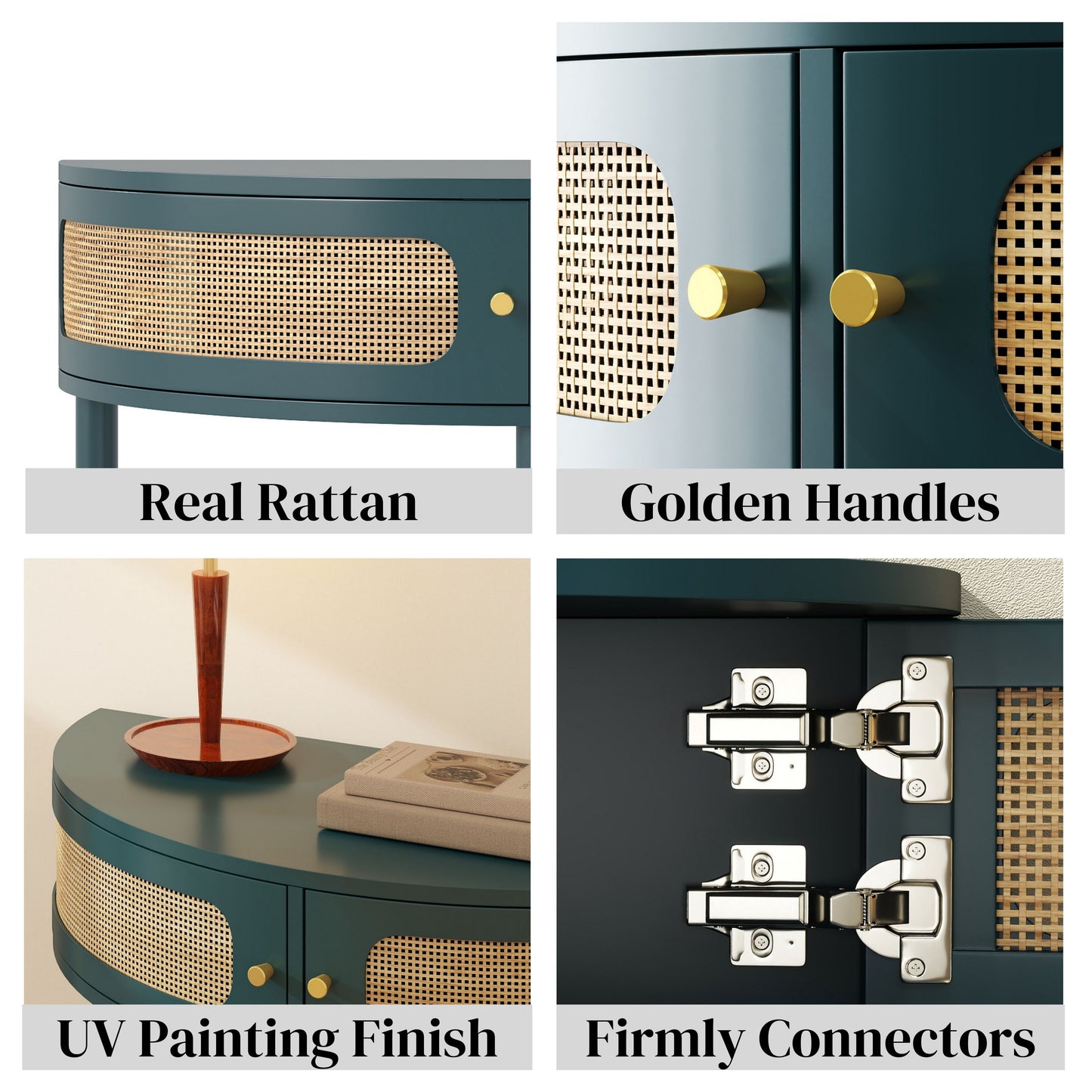 Boho Rattan Semi Circle End Table With Sliding Rattan Door, Elegant Entryway Console With Storage And Bottom Shelf - Antique Green
