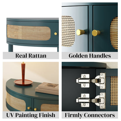 Boho Rattan Semi Circle End Table With Sliding Rattan Door, Elegant Entryway Console With Storage And Bottom Shelf - Antique Green