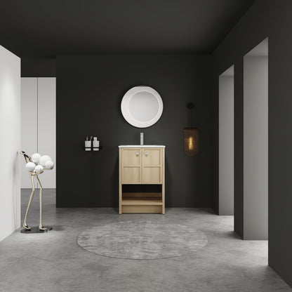 Modern 24" Freestanding Bathroom Vanity With Ceramic Sink And Soft Closing Doors - Oak