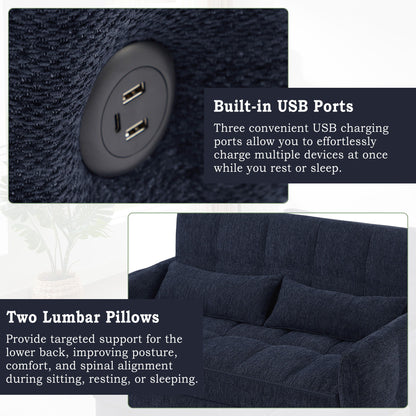 Loveseat Sofa Pull Out Sofa Bed Tufted Sleeper Sofa With An Adjustable Backrest, 3 USB Ports And 2 Lumbar Pillows For Living Room - Blue