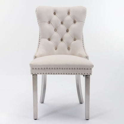 Nikki - Modern, High-End Tufted Solid Wood Contemporary Velvet Upholstered Dining Chair With Chrome Stainless Steel Plating Legs, Nailhead Trim (Set of 2) - Beige