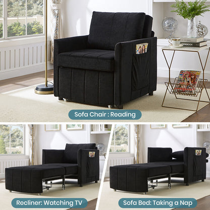 Upholstered Convertible Sleeper Sofa With 5 Position Backrest, Side Pockets, Storage - Black