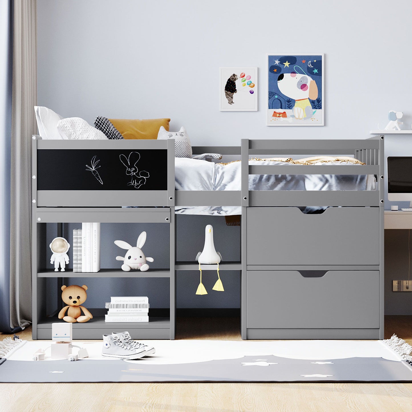 Twin Size Low Loft Bed With Rolling Desk, Shelf And Drawers - Gray