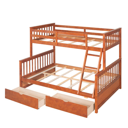 Twin Over Full Bunk Bed With Ladders And Two Storage Drawers - Walnut