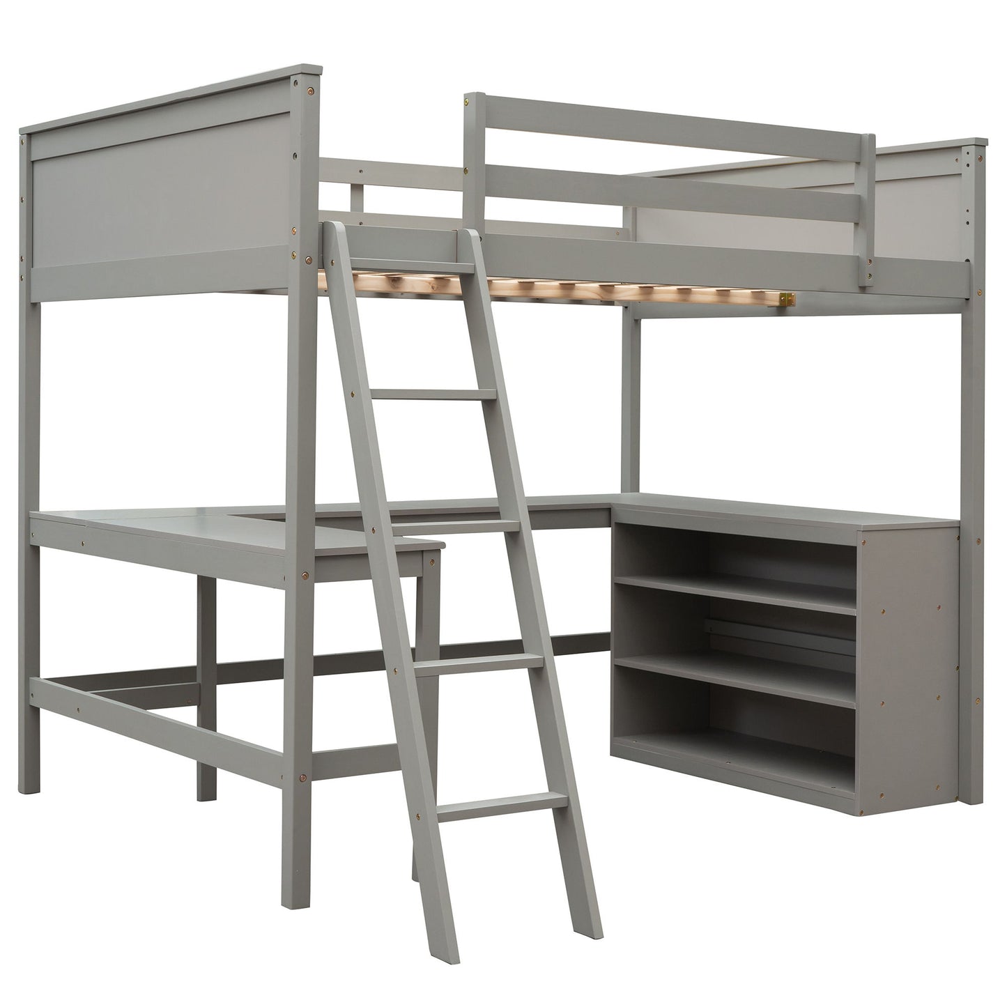 Full Size Loft Bed With Shelves With Desk - Gray