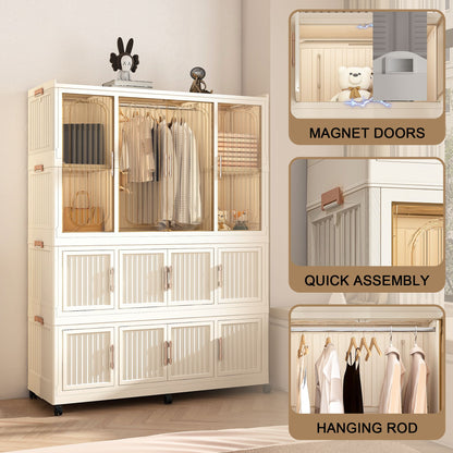 Portable Wardrobe Closet Storage Organizer With 12 Magnetic Doors, 12 Cubes & Hanging Rod - White
