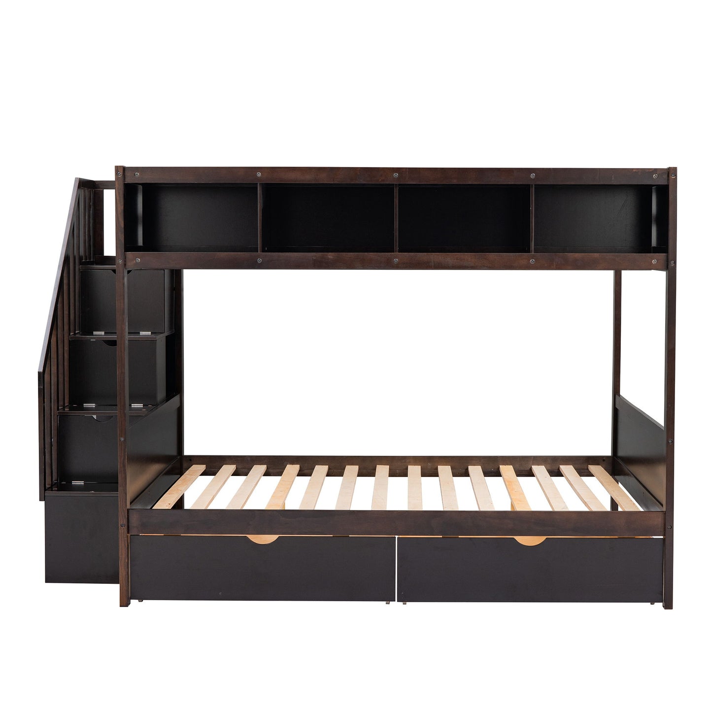 Twin Over Full Bunk Bed With Shelfs, Storage Staircase And 2 Drawers - Espresso