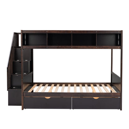 Twin Over Full Bunk Bed With Shelfs, Storage Staircase And 2 Drawers - Espresso