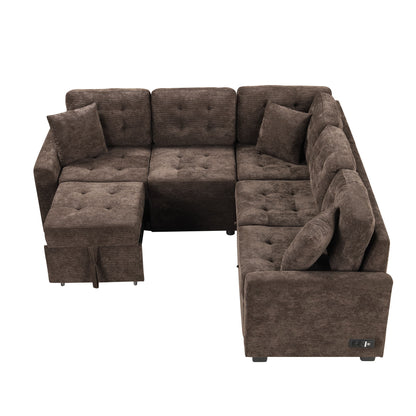 L-Shape Sofa Bed Pull-Out Sleeper Sofa With Wheels, USB Ports, Power Sockets For Living Room - Brown