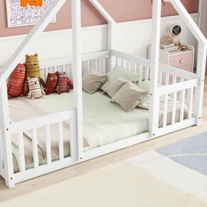 Full Wood House-Shaped Floor Bed With Fence, Guardrails - White