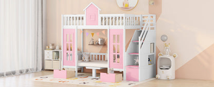 Twin Over Twin Bunk Bed With Changeable Table, Bunk Bed Turn Into Upper Bed And Down Desk - Pink