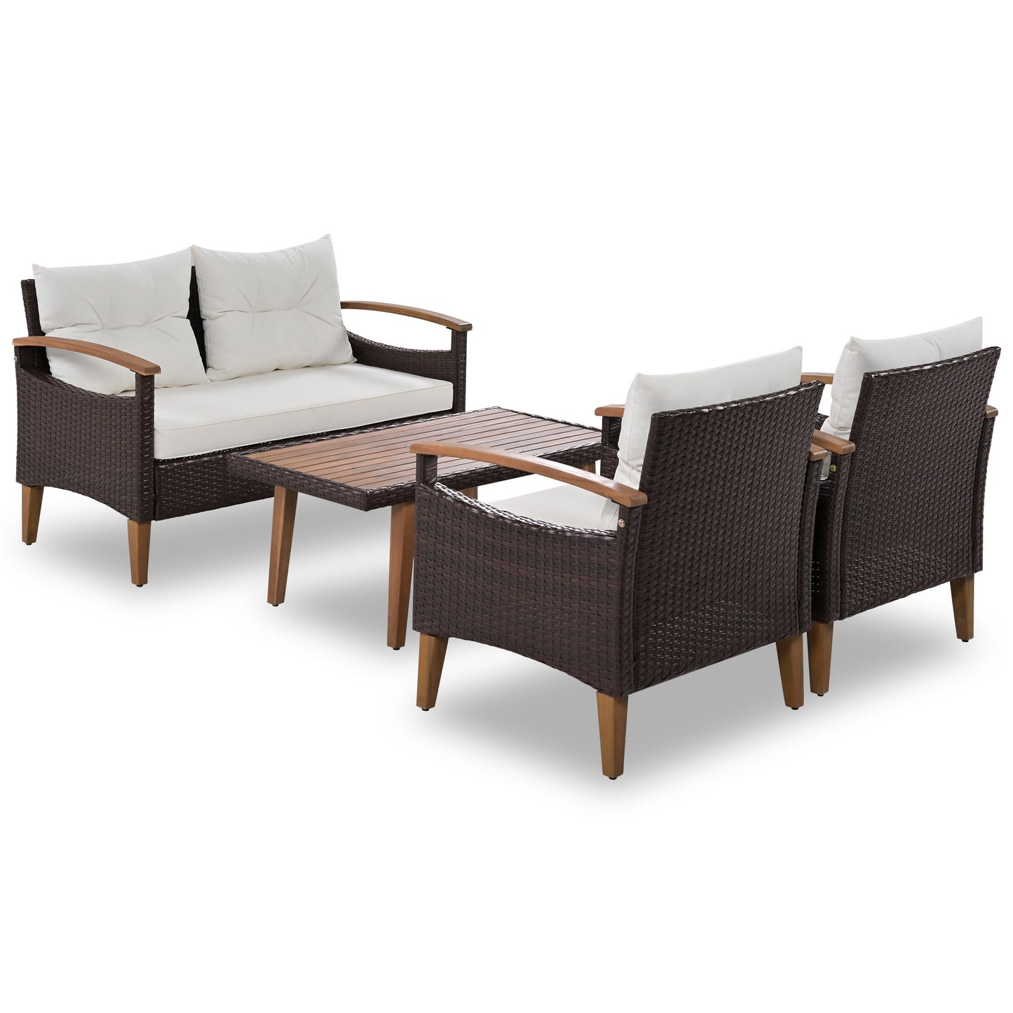 4 Piece Garden Furniture, Patio Seating Set, Outdoor Sofa Set, Wood Table And Legs - Brown / Beige