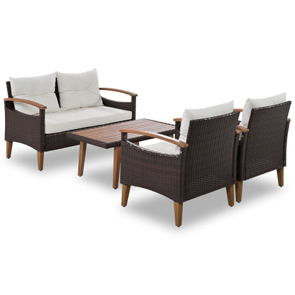 4 Piece Garden Furniture, Patio Seating Set, Outdoor Sofa Set, Wood Table And Legs - Brown / Beige
