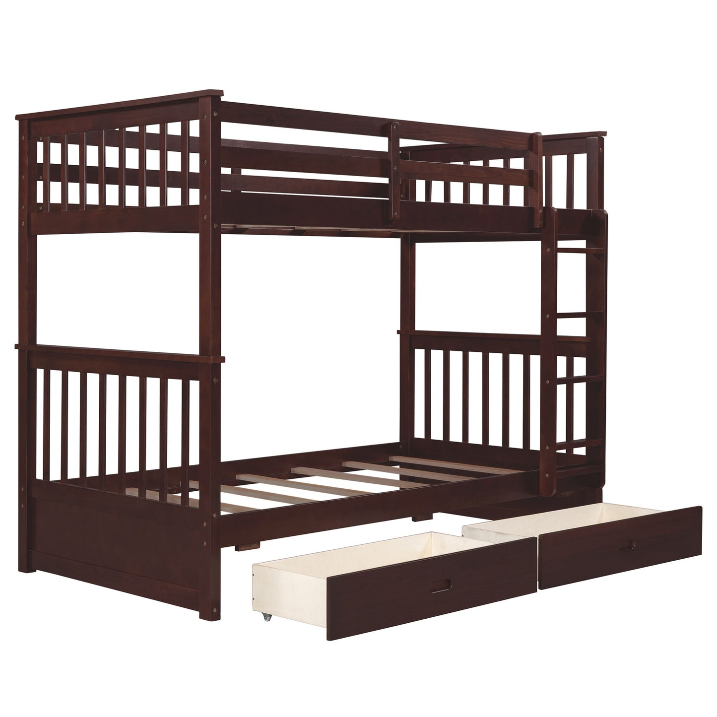 Twin Over Twin Bunk Bed With Ladders And 2 Storage Drawers - Espresso