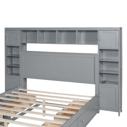 Queen Size Bed With All In One Cabinet, Shelf And Sockets - Gray