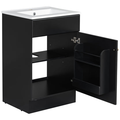20" Bathroom Vanity With Sink, Freestanding Cabinet With Door Shelf And Adjustable Shelf, And Ceramic Construction - Black