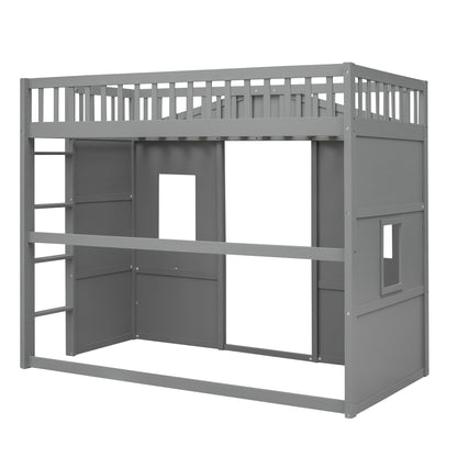 Twin Size House Loft Bed With Ladder - Gray