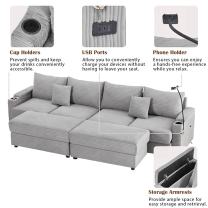 Modern Style 4 - Seater Sofa Sectional Sofa Couch With Storage Space, Two Movable Ottomans, Two USB Ports, Two Cup Holders, A Phone Holder For Living Room - Gray
