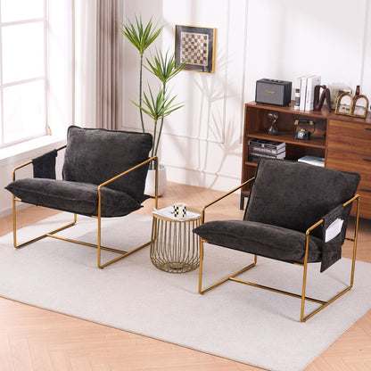 Upholstered Hanging Armchair With Arm Pocketsmetal Frame (Set of 2), Gold-Plated Craftsmanship, Crushed Foam Cushions And Skin-Friendly Woven Fabric For Living Room And Bedroom - Dark Gray