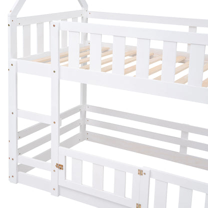 Twin Over Twin House Bunk Bed With Fence And Door - White