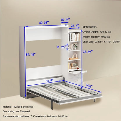 Morden Deisgn Full Size Vertical Murphy Bed With Shelf And Drawers For Bedroom Or Guestroom Wall Bed Space Saving Hidden Bed With New Style Gas Struts - White