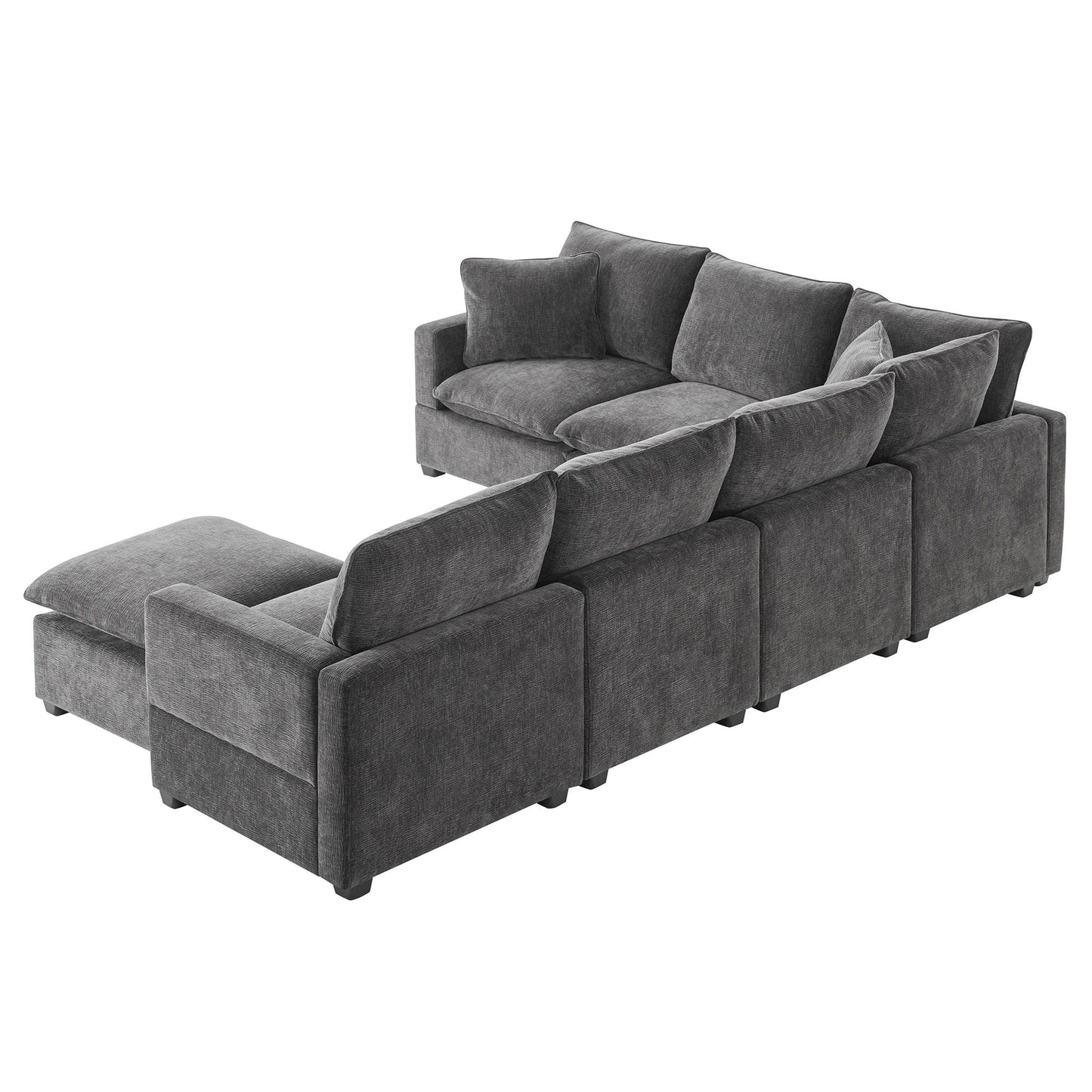 Modern U-Shape Modular Sofa, 7 Seat Chenille Sectional Couch Set With 2 Pillows Included, Freely Combinable Indoor Funiture - Black / Gray