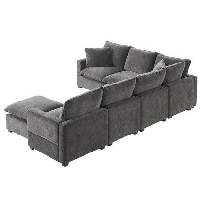 Modern U-Shape Modular Sofa, 7 Seat Chenille Sectional Couch Set With 2 Pillows Included, Freely Combinable Indoor Funiture - Black / Gray