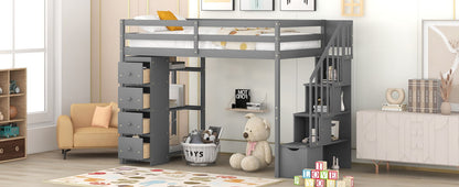Twin Size Loft Bed With Storage Drawers And Stairs With Shelves - Gray