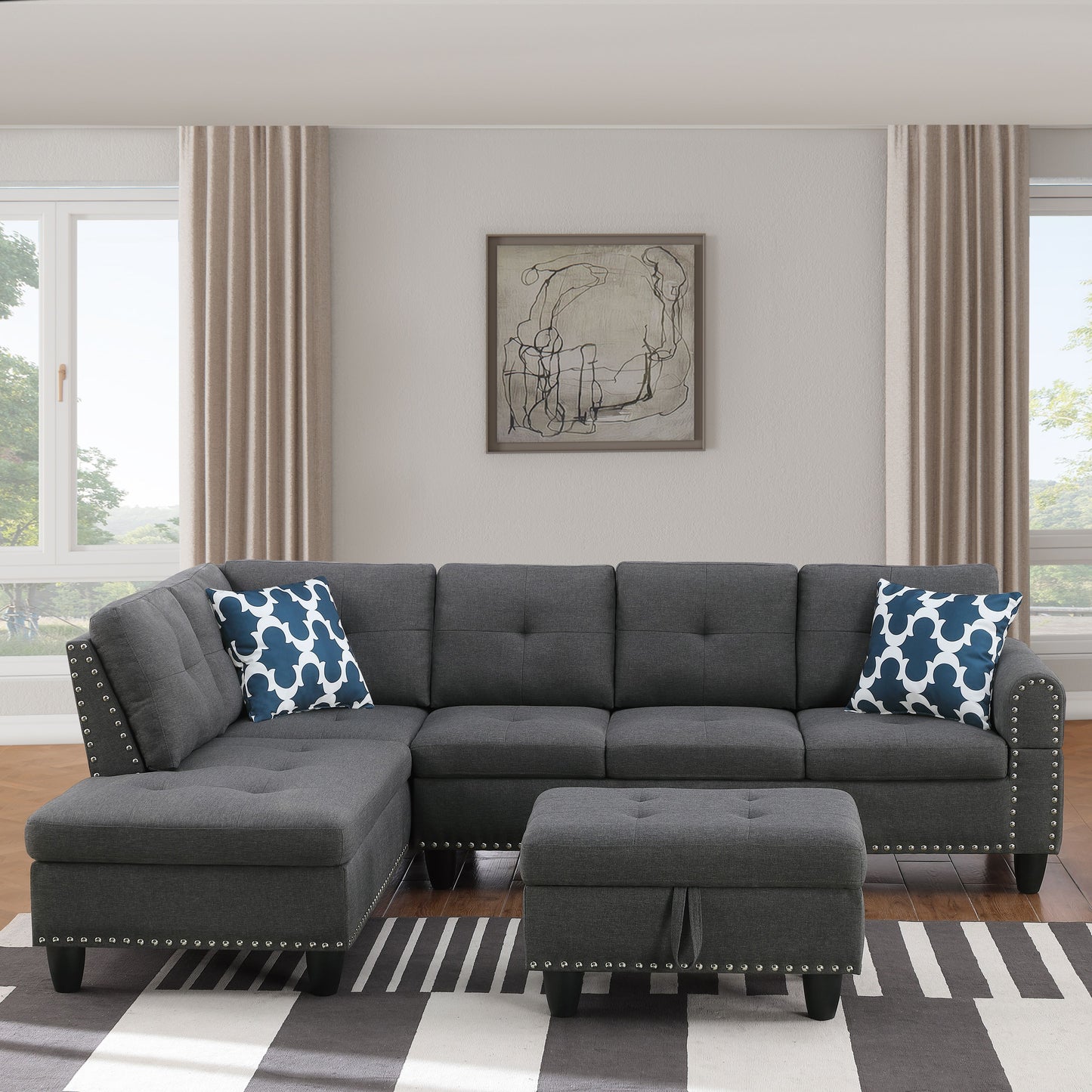 Alger - 98" Wide Left Hand Facing Sofa & Chaise With Ottoman - Dark Gray