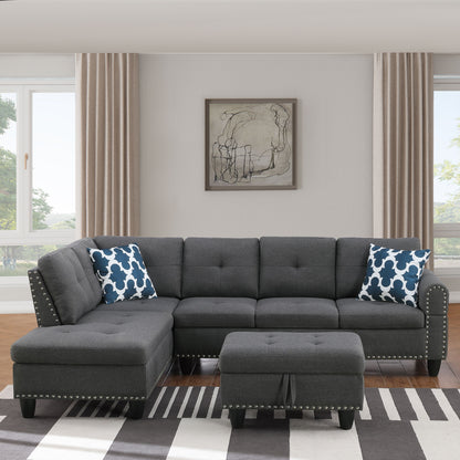 Alger - 98" Wide Left Hand Facing Sofa & Chaise With Ottoman - Dark Gray