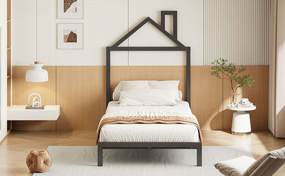 Twin Size Platform Bed With House-Shaped Headboard Design - Black